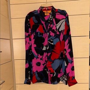 Tory Burch Red and Pink Floral Silk Blouse